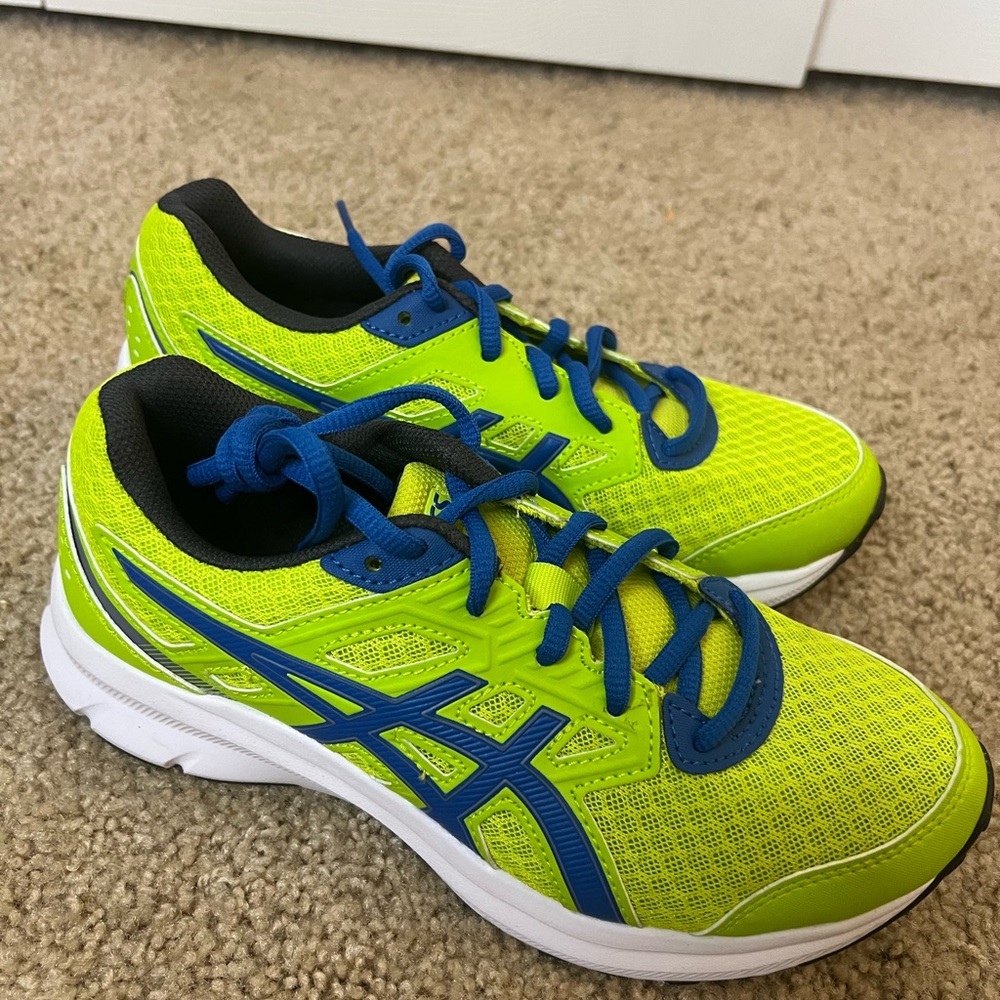 Kids ASICS shoes size 4Y, brand new, lime green/highlighter yellow & blue